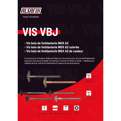 200 Vis à Bois de Ferblanterie VBJ + Joint EDPM D. 4,5 mm x TX20 - Inox A2 Blanc - Alsafix