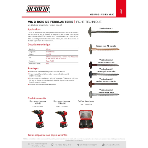 200 Vis à Bois Ferblanterie VBJ + Joint EDPM D. 4,5 mm x TX20 - Inox A2 Cuivrée - Alsafix