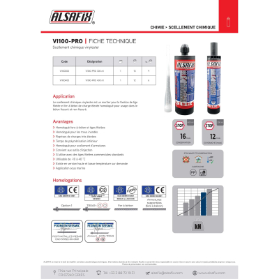 Alsafix Cartouche de Scellement Chimique Vinylester Grise VI100-PRO