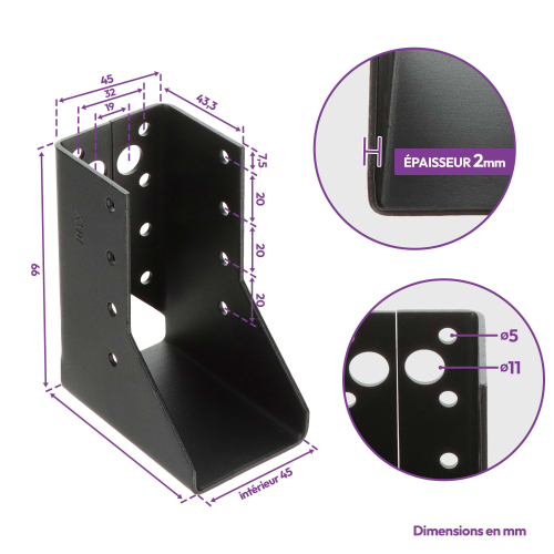 6 sabots de charpente à ailes intérieures - Larg 45 x Ht 99 mm - Connecteurs de poutres - Acier galva noir - Fabriqué en Europe