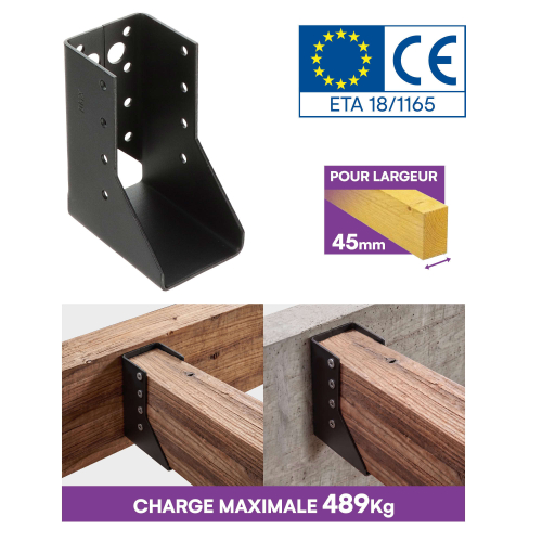 6 sabots de charpente à ailes intérieures - Larg 45 x Ht 99 mm - Connecteurs de poutres - Acier galva noir - Fabriqué en Europe