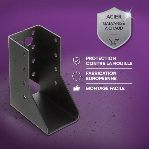 6 sabots de charpente à ailes intérieures - Larg 45 x Ht 99 mm - Connecteurs de poutres - Acier galva noir - Fabriqué en Europe