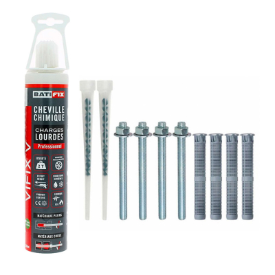 Kit scellement chimique Exterieur 165ML - 4 tamis 16X85 - 4 tiges filetées 8X110 Inox A2 - 4 écrous - 2 canules mélangeuses