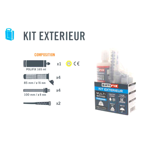 Kit scellement chimique Exterieur 165ML - 4 tamis 16X85 - 4 tiges filetées 8X110 Inox A2 - 4 écrous - 2 canules mélangeuses