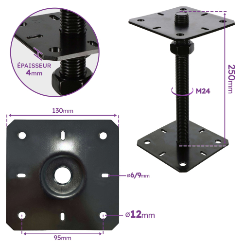 4 embases pied de poteau carrée réglable par vis - Platine 130x130mm - M24 - Acier galvanisé Noir - Fabrication Europe