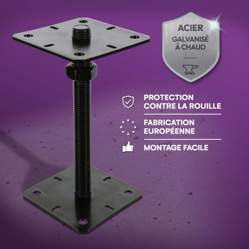 4 embases pied de poteau carrée réglable par vis - Platine 130x130mm - M24 - Acier galvanisé Noir - Fabrication Europe