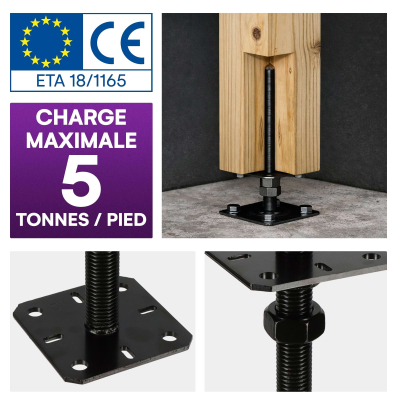 4 embases pied de poteau carrée réglable par vis - Platine 130x130mm - M24 - Acier galvanisé Noir - Fabrication Europe
