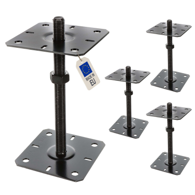 4 embases pied de poteau réglables - Platines 130x130mm - Filetage M20 - Acier galvanisé Noir - Ht 250 mm - Fabriqué en Europe