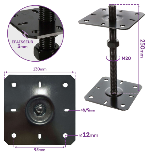4 embases pied de poteau réglables - Platines 130x130mm - Filetage M20 - Acier galvanisé Noir - Ht 250 mm - Fabriqué en Europe