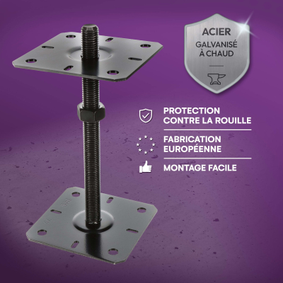 4 embases pied de poteau réglables - Platines 130x130mm - Filetage M20 - Acier galvanisé Noir - Ht 250 mm - Fabriqué en Europe
