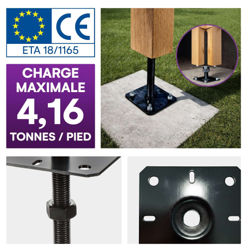 4 embases pied de poteau réglables - Platines 130x130mm - Filetage M20 - Acier galvanisé Noir - Ht 250 mm - Fabriqué en Europe