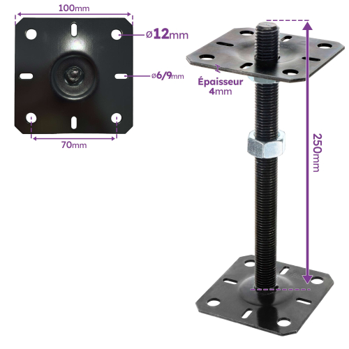 4 embases pied de poteau carrée réglable par vis - Platine 100x100mm - M20 - Acier galvanisé Noir - Fabrication Europe