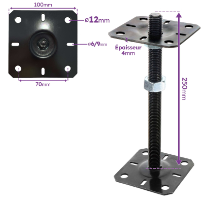 4 embases pied de poteau carrée réglable par vis - Platine 100x100mm - M20 - Acier galvanisé Noir - Fabrication Europe