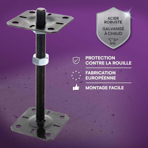 4 embases pied de poteau carrée réglable par vis - Platine 100x100mm - M20 - Acier galvanisé Noir - Fabrication Europe