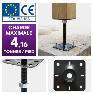 4 embases pied de poteau carrée réglable par vis - Platine 100x100mm - M20 - Acier galvanisé Noir - Fabrication Europe
