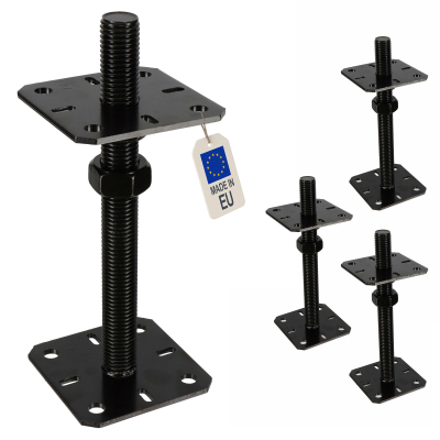 4 Embases pied de poteau réglable par vis - Platine 80x80mm - M24 - Acier galvanisé Noir - Fabrication Europe