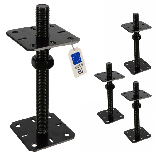 4 Embases pied de poteau réglable par vis - Platine 80x80mm - M24 - Acier galvanisé Noir - Fabrication Europe