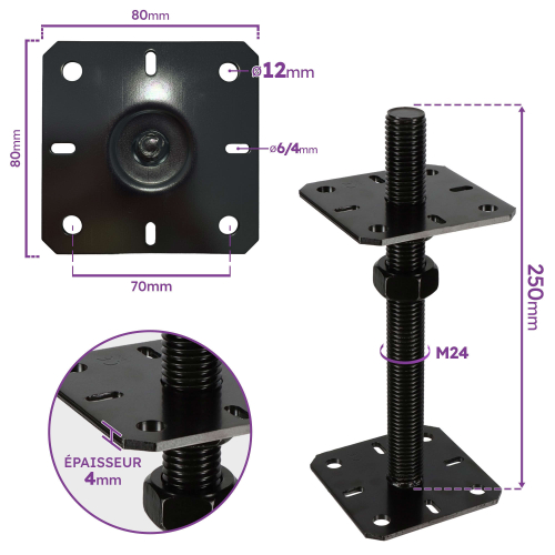 4 Embases pied de poteau réglable par vis - Platine 80x80mm - M24 - Acier galvanisé Noir - Fabrication Europe
