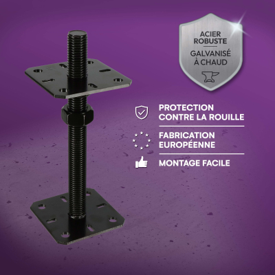 4 Embases pied de poteau réglable par vis - Platine 80x80mm - M24 - Acier galvanisé Noir - Fabrication Europe