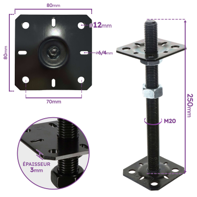 4 Embases Pied de poteau réglable en hauteur par vis - Platines 80x80mm - M20 - Acier galvanisé Noir - Fabrication Europe