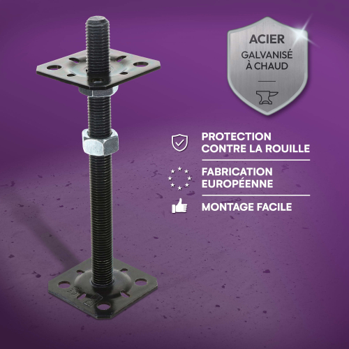 4 Embases Pied de poteau réglable en hauteur par vis - Platines 80x80mm - M20 - Acier galvanisé Noir - Fabrication Europe
