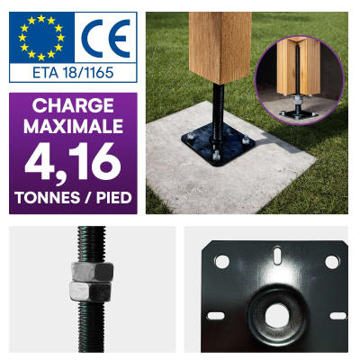 4 Embases Pied de poteau réglable en hauteur par vis - Platines 80x80mm - M20 - Acier galvanisé Noir - Fabrication Europe