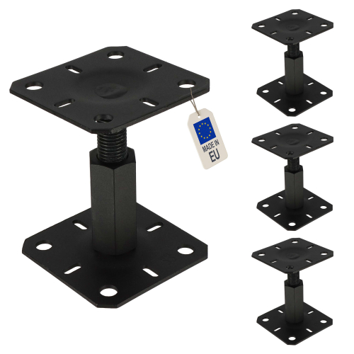 4 embases pied de poteau réglables - Platines 130x130mm - M20 - Acier galvanisé Noir - Ht100 à 150 mm - Fabrication Européenne