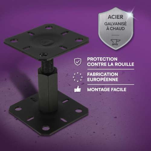 4 embases pied de poteau réglables - Platines 130x130mm - M20 - Acier galvanisé Noir - Ht100 à 150 mm - Fabrication Européenne