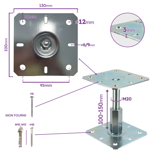 Embase pied de poteau réglable - Platine 130x130mm - M20 - Acier galvanisé à chaud - Ht de 100 à 150 mm - Fabrication  Europe