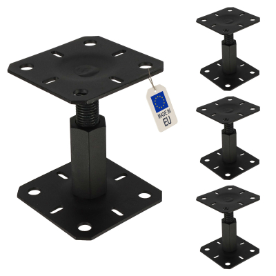 4 embases pieds de poteau réglables - Platine 100x100mm - Ht100 à 150mm - M20 - Acier galvanisé Noir - Fabrication Européenne