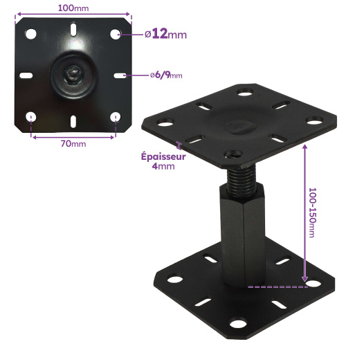 4 embases pieds de poteau réglables - Platine 100x100mm - Ht100 à 150mm - M20 - Acier galvanisé Noir - Fabrication Européenne