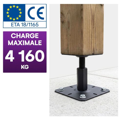 4 embases pieds de poteau réglables - Platine 100x100mm - Ht100 à 150mm - M20 - Acier galvanisé Noir - Fabrication Européenne
