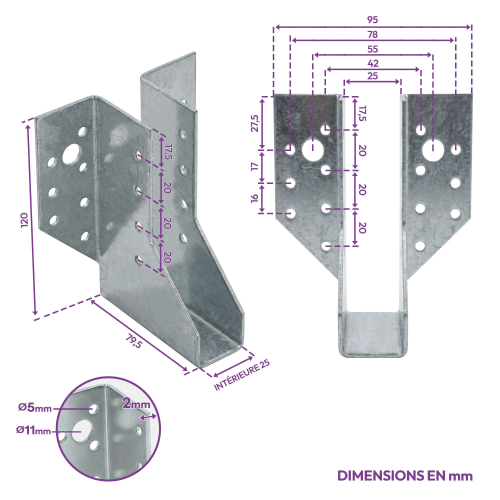 10 Sabots de charpente à ailes extérieures Connecteurs de poutres - Acier galvanisé - Larg 25 x Ht 120 mm - Fabriqué en Europe