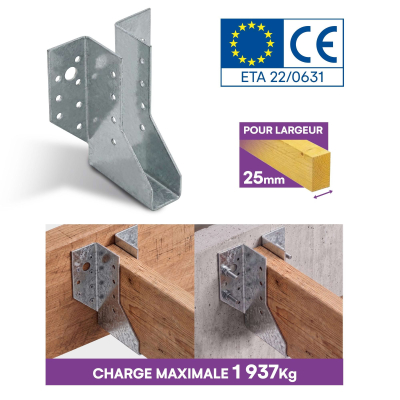 10 Sabots de charpente à ailes extérieures Connecteurs de poutres - Acier galvanisé - Larg 25 x Ht 120 mm - Fabriqué en Europe