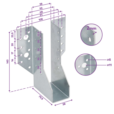 10 sabots de charpente à ailes extérieures - Connecteurs de poutres - Acier galvanisé - Larg 38 x Ht 143 mm - Fabriqué en Europe