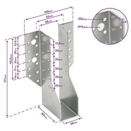10 sabots de charpente à ailes extérieures - Connecteurs de poutres - Acier galvanisé - Larg 38 x Ht 171 mm - Fabriqué en Europe