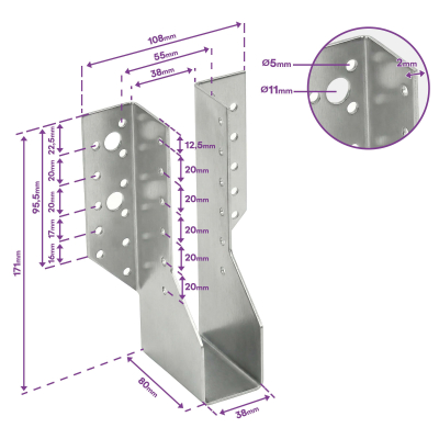 10 sabots de charpente à ailes extérieures - Connecteurs de poutres - Acier galvanisé - Larg 38 x Ht 171 mm - Fabriqué en Europe