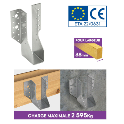 10 sabots de charpente à ailes extérieures - Connecteurs de poutres - Acier galvanisé - Larg 38 x Ht 171 mm - Fabriqué en Europe