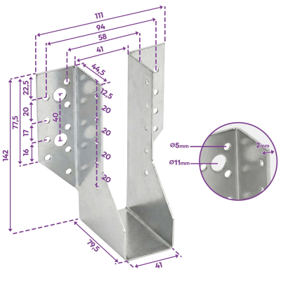 10 sabots de charpente à ailes extérieures - Connecteurs de poutres - Acier galvanisé - Larg 41 x Ht 142 mm - Fabriqué en Europe 2