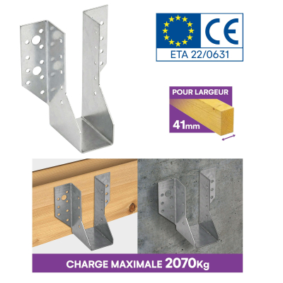 10 sabots de charpente à ailes extérieures - Connecteurs de poutres - Acier galvanisé - Larg 41 x Ht 142 mm - Fabriqué en Europe