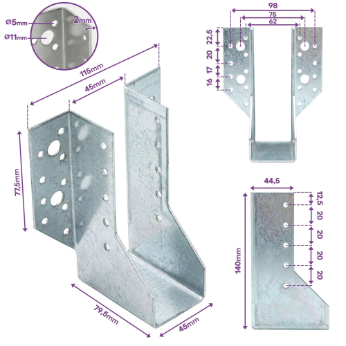 10 sabots de charpente à ailes extérieures - Connecteurs de poutres - Acier galvanisé - Larg 45 x Ht 140 mm - Fabriqué en Europe