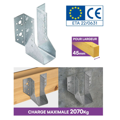 10 sabots de charpente à ailes extérieures - Connecteurs de poutres - Acier galvanisé - Larg 45 x Ht 140 mm - Fabriqué en Europe