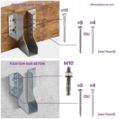 10 sabots de charpente à ailes extérieures - Connecteurs de poutres - Acier galvanisé - Larg 45 x Ht 140 mm - Fabriqué en Europe