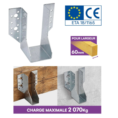 10 Sabots de charpente à ailes extérieures Connecteurs de poutres - Acier galvanisé - Larg 60 x Ht 132 mm - Fabriqué en Europe