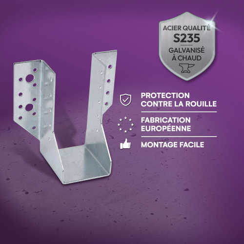 10 Sabots de charpente à ailes extérieures Connecteurs de poutres - Acier galvanisé - Larg 60 x Ht 132 mm - Fabriqué en Europe