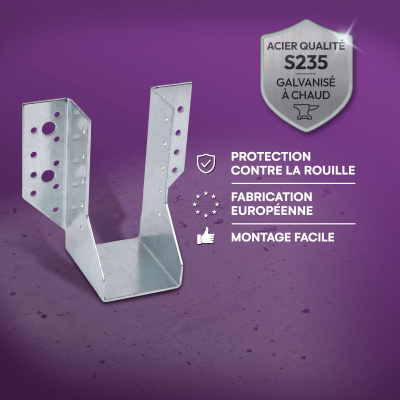 10 Sabots de charpente à ailes extérieures Connecteurs de poutres - Acier galvanisé - Larg 60 x Ht 132 mm - Fabriqué en Europe