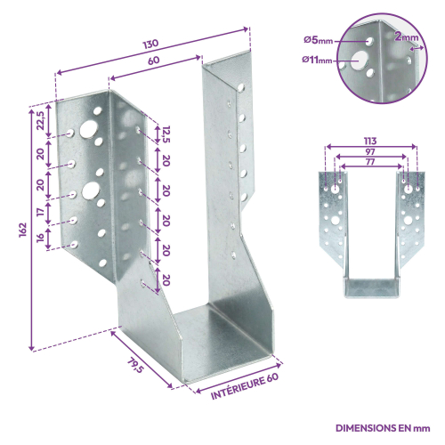 10 Sabots de charpente à ailes extérieures Connecteurs de poutres - Acier galvanisé - Larg 60 x Ht 162 mm - Fabriqué en Europe