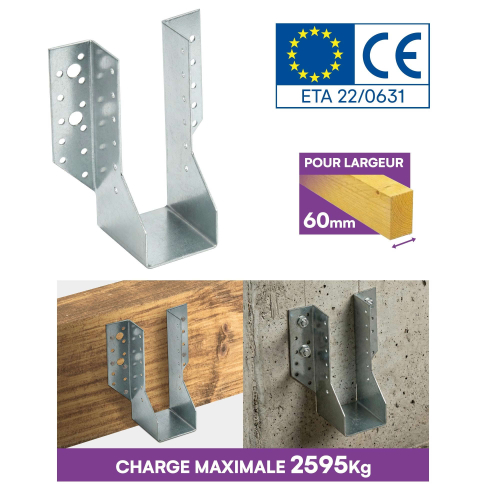 10 Sabots de charpente à ailes extérieures Connecteurs de poutres - Acier galvanisé - Larg 60 x Ht 162 mm - Fabriqué en Europe