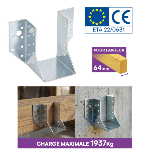 10 Sabots de charpente à ailes extérieures Connecteurs de poutres - Acier galvanisé - Larg 64 x Ht 100 mm - Fabriqué en Europe