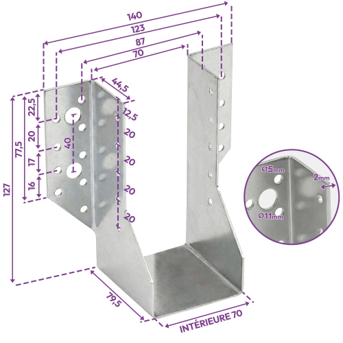 10 Sabots de charpente à ailes extérieures Connecteurs de poutres - Acier galvanisé - Larg 70 x Ht 127 mm - Fabriqué en Europe